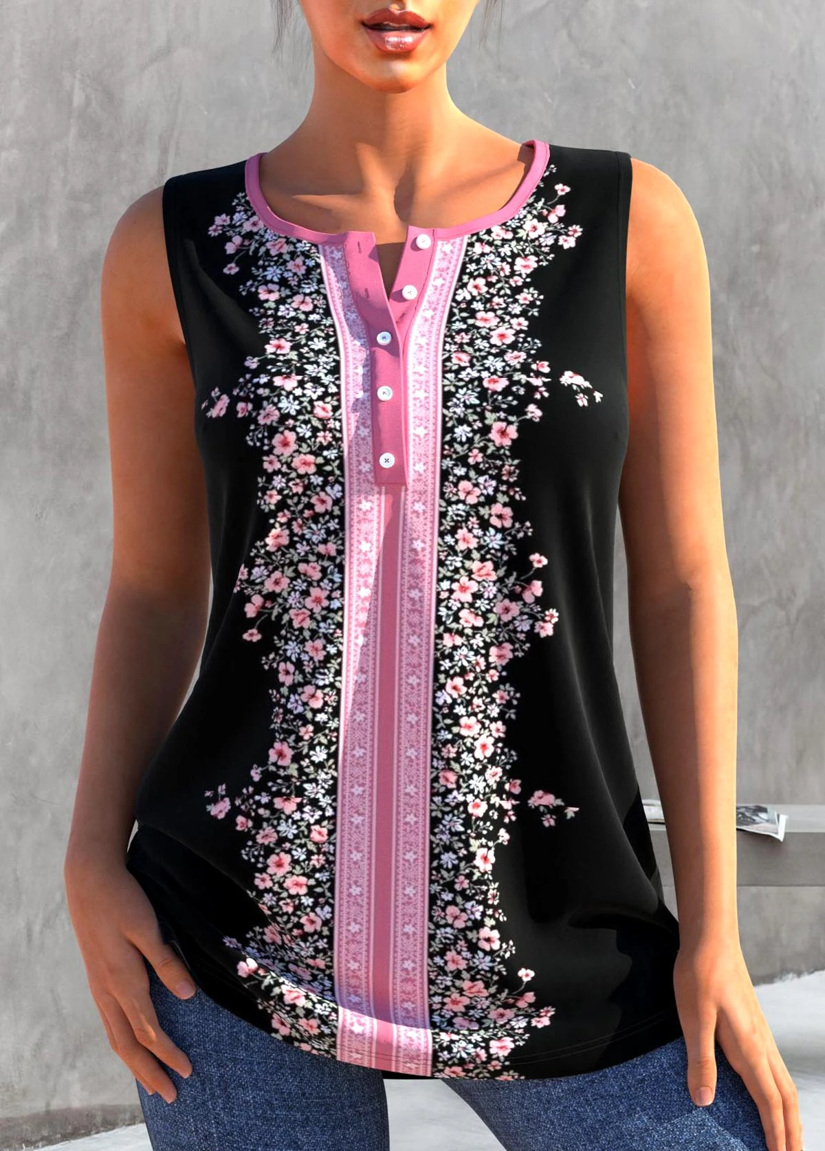 Floral Print Black Split Neck Tank Top 1 Floral Print Black Split Neck Tank Top