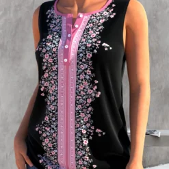 Floral Print Black Split Neck Tank Top 5 Floral Print Black Split Neck Tank Top -Rosewe Online Store 302748 P 1649833620714