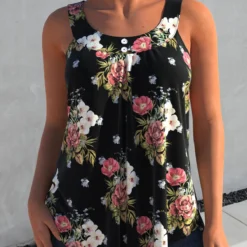 Black Floral Print Wide Strap Tank Top