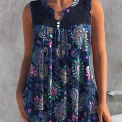 Paisley Print Lace Panel Navy Blue Tank Top