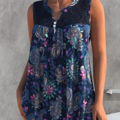Paisley Print Lace Panel Navy Blue Tank Top -Rosewe Online Store 303417 P 1651211884453