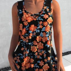 Black Floral Print Lace Stitching Tank Top