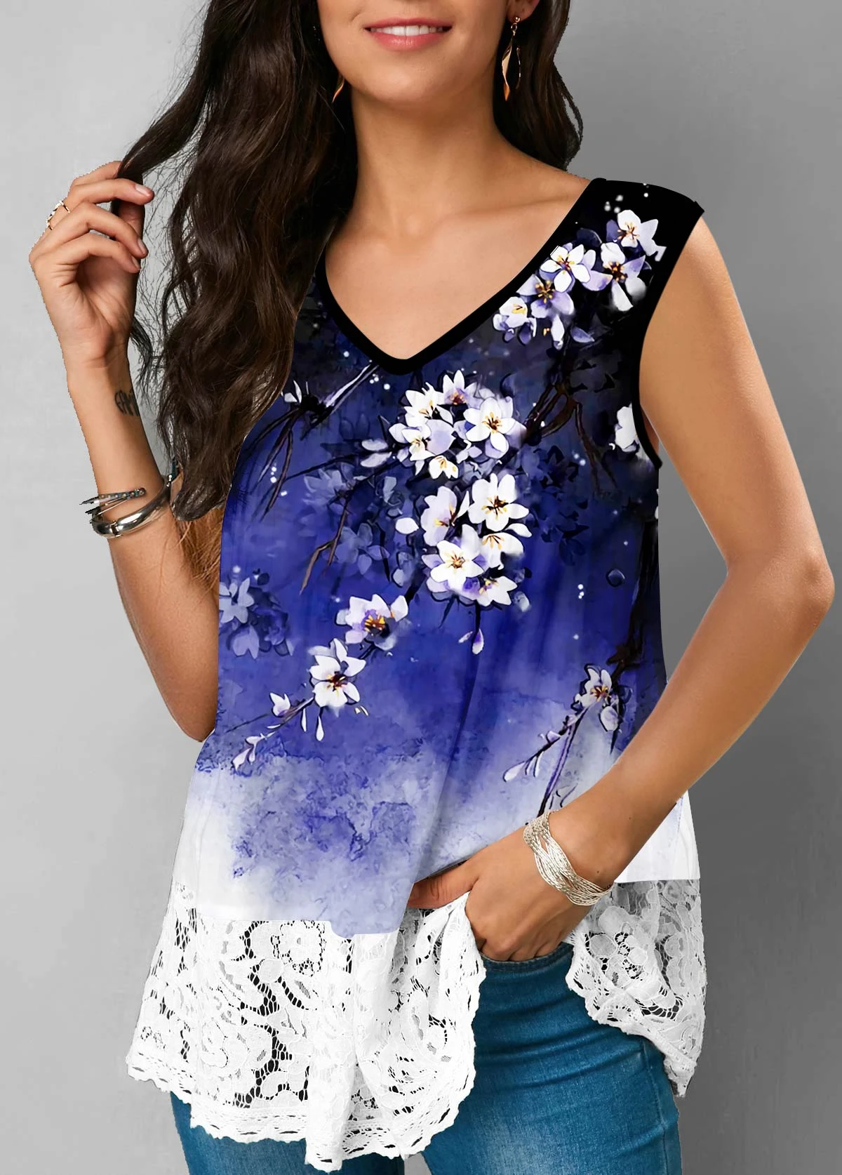 Lace Stitching V Neck Multi Color Tank Top 3 Lace Stitching V Neck Multi Color Tank Top - Image 3