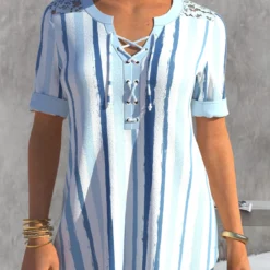 Dusty Blue Stripe Print Lace Patchwork Blouse