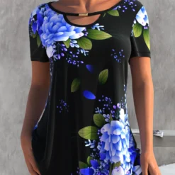 Black Floral Print Cutout T Shirt