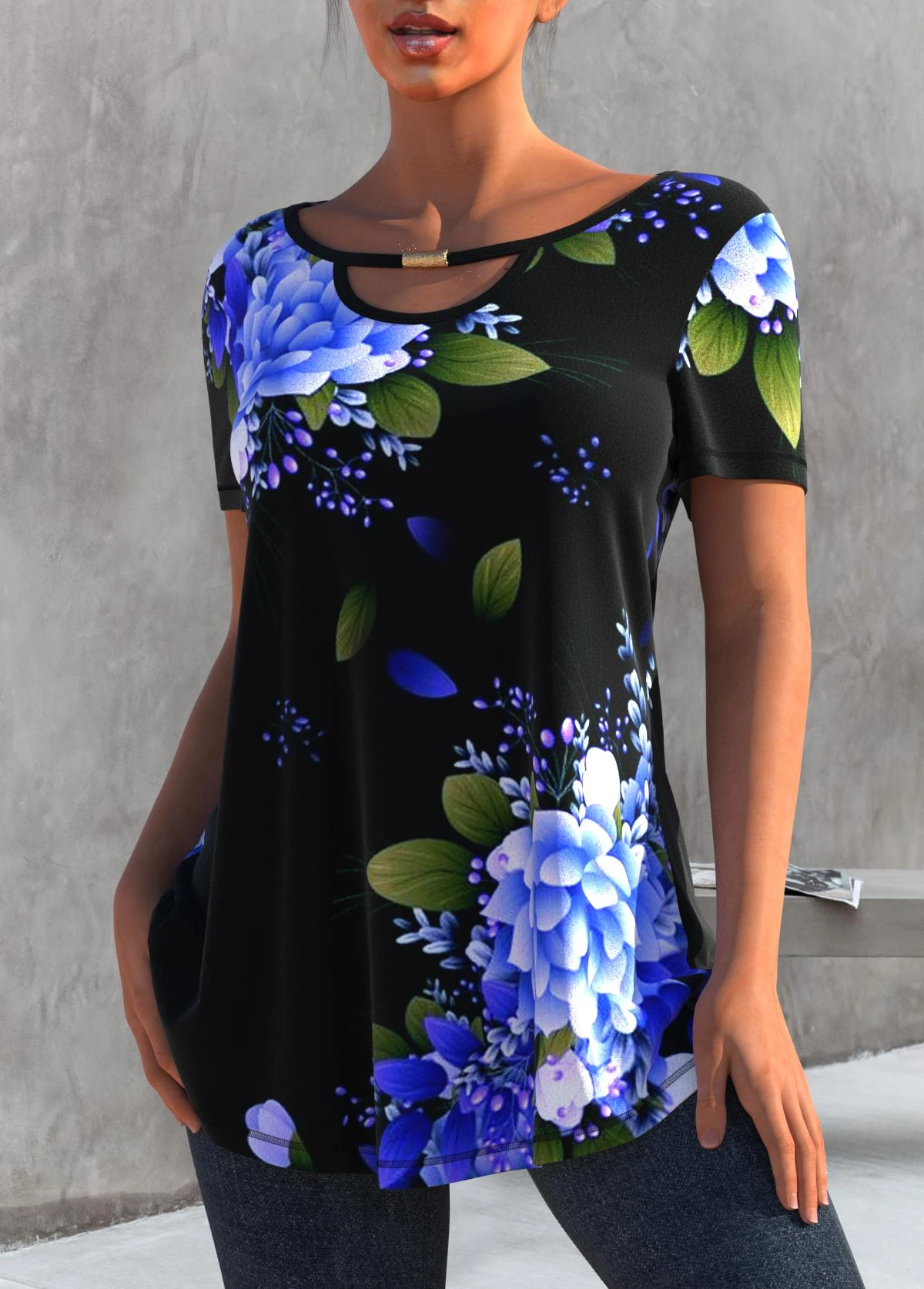 Black Floral Print Cutout T Shirt 3 Black Floral Print Cutout T Shirt - Image 3