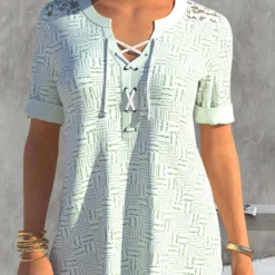 Striped Lace Stitching White Short Sleeve Blouse