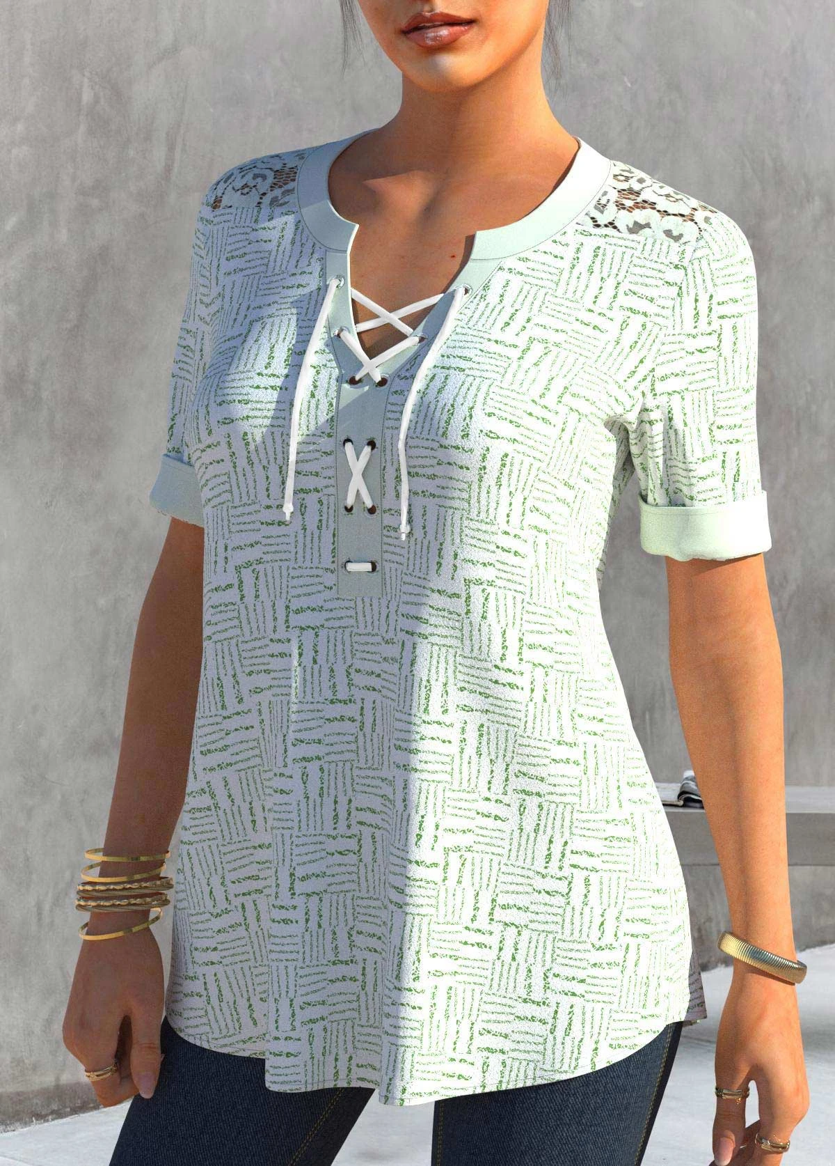 Striped Lace Stitching White Short Sleeve Blouse 3 Striped Lace Stitching White Short Sleeve Blouse - Image 3