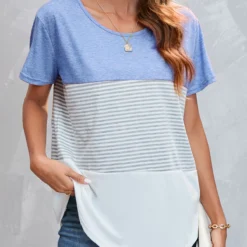 Light Blue Round Neck Striped T Shirt
