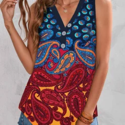 V Neck Button Detail Paisley Print Tank Top