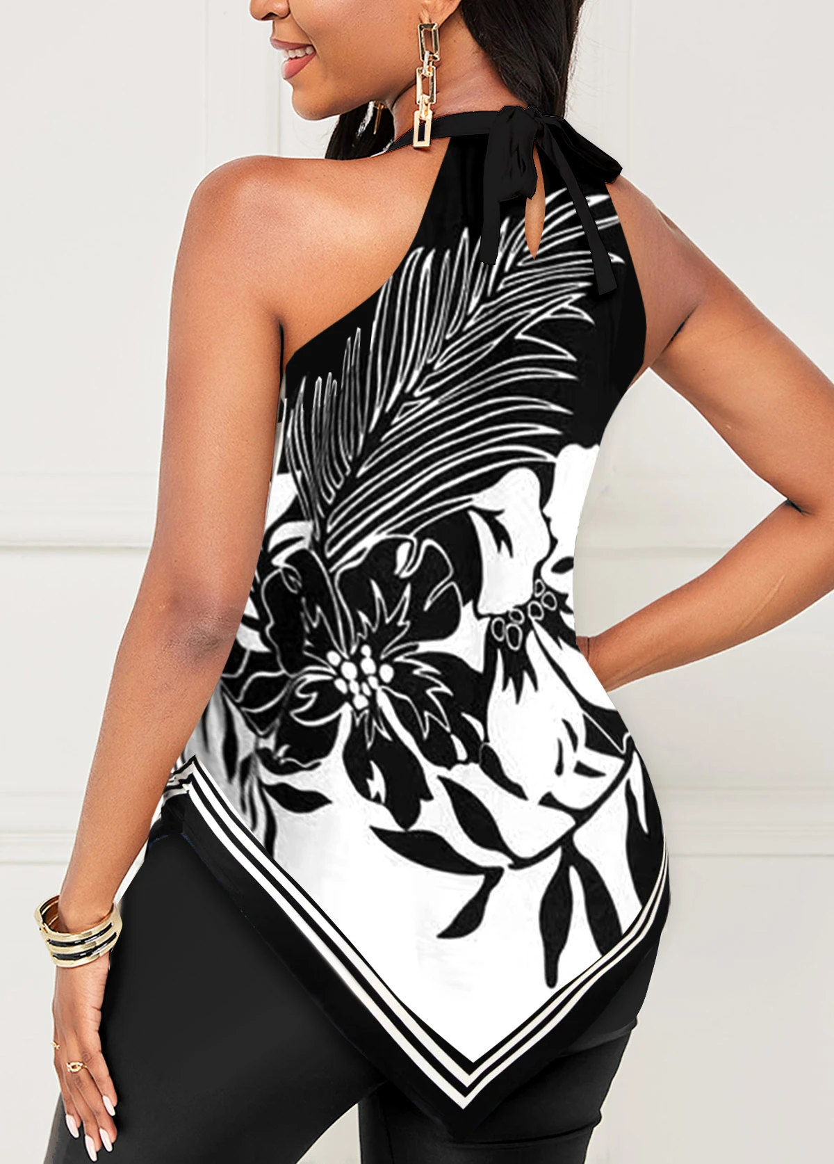 Bib Neck Floral Print Black Tank Top 2 Bib Neck Floral Print Black Tank Top - Image 2