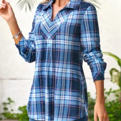 Blue Plus Size Tartan Print Regular Sleeve Blouse -Rosewe Online Store 306046 P 16593499578802