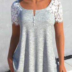Lace Patchwork Short Sleeve Grey T Shirt