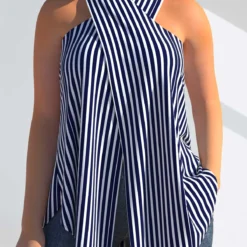 Cross Front Halter Navy Blue Striped Tank Top