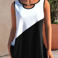 Color Block Cutout Neck Tank Top