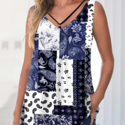 Ring Detail Navy Blue Paisley Print Tank Top