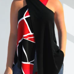 Halter Geometric Print Black Cross Tank Top
