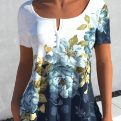 Floral Print Contrast Navy Blue Short Sleeve T Shirt