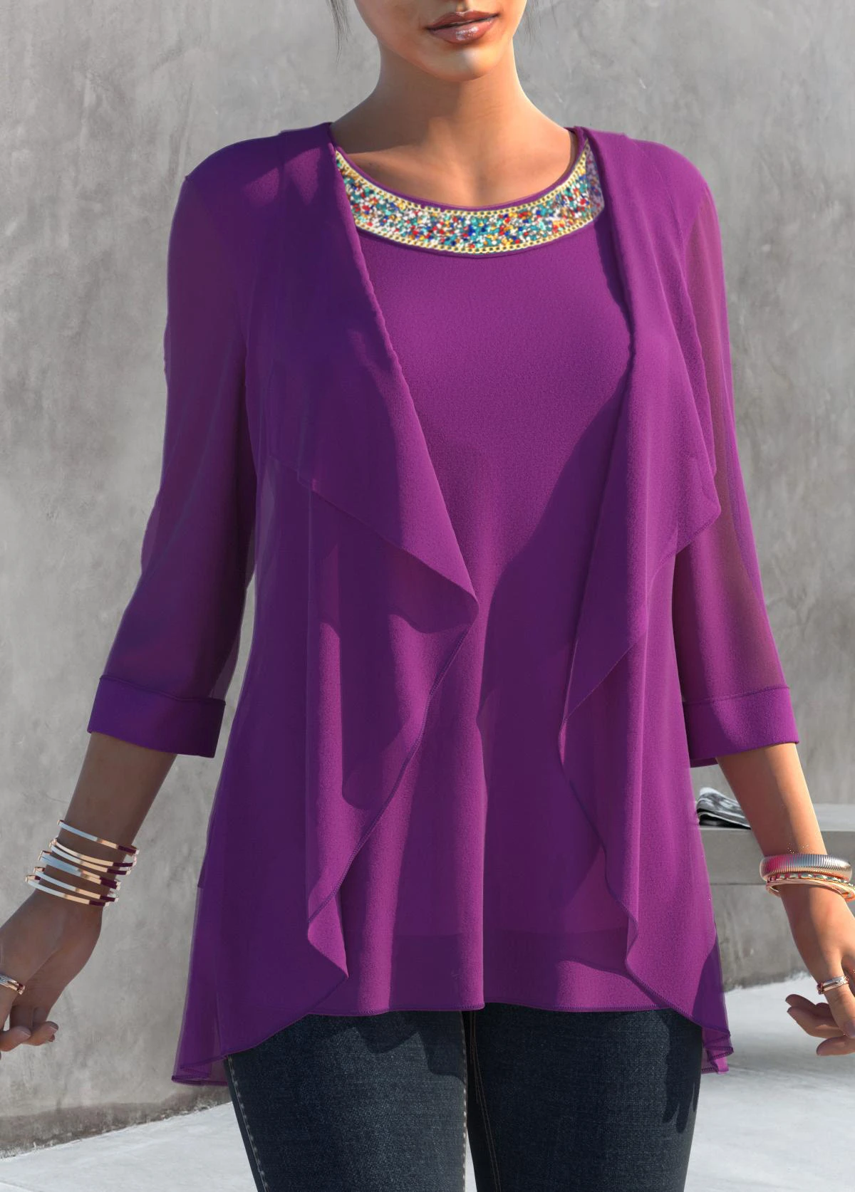 Embellished Neck Purple 3/4 Sleeve T Shirt 3 Embellished Neck Purple 3/4 Sleeve T Shirt - Image 3