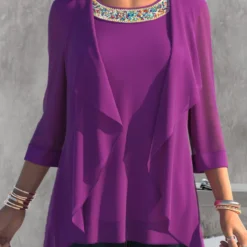 Embellished Neck Purple 3/4 Sleeve T Shirt