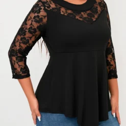Plus Size Lace Stitching Asymmetric Hem Black T Shirt -Rosewe Online Store 308054 P 16577792444392