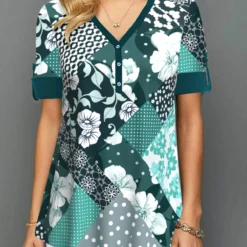 V Neck Blackish Green Short Sleeve Blouse