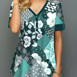 V Neck Blackish Green Short Sleeve Blouse 5 V Neck Blackish Green Short Sleeve Blouse -Rosewe Online Store 309220 P 1657694135967