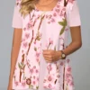 Floral Print Pink Short Sleeve Round Neck Blouse