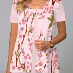 Floral Print Pink Short Sleeve Round Neck Blouse