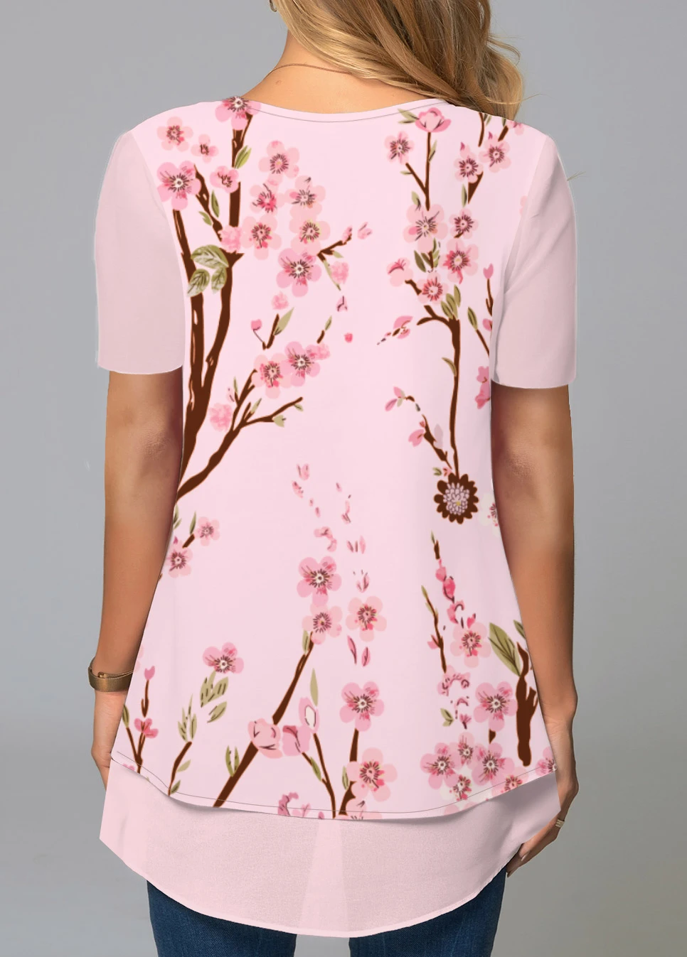 Floral Print Pink Short Sleeve Round Neck Blouse 2 Floral Print Pink Short Sleeve Round Neck Blouse - Image 2