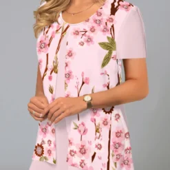 Floral Print Pink Short Sleeve Round Neck Blouse 5 Floral Print Pink Short Sleeve Round Neck Blouse -Rosewe Online Store 309332 P 1658483284462