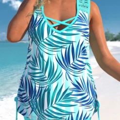 Cyan Plus Size Tropical Print Lace Stitching Tankini Set