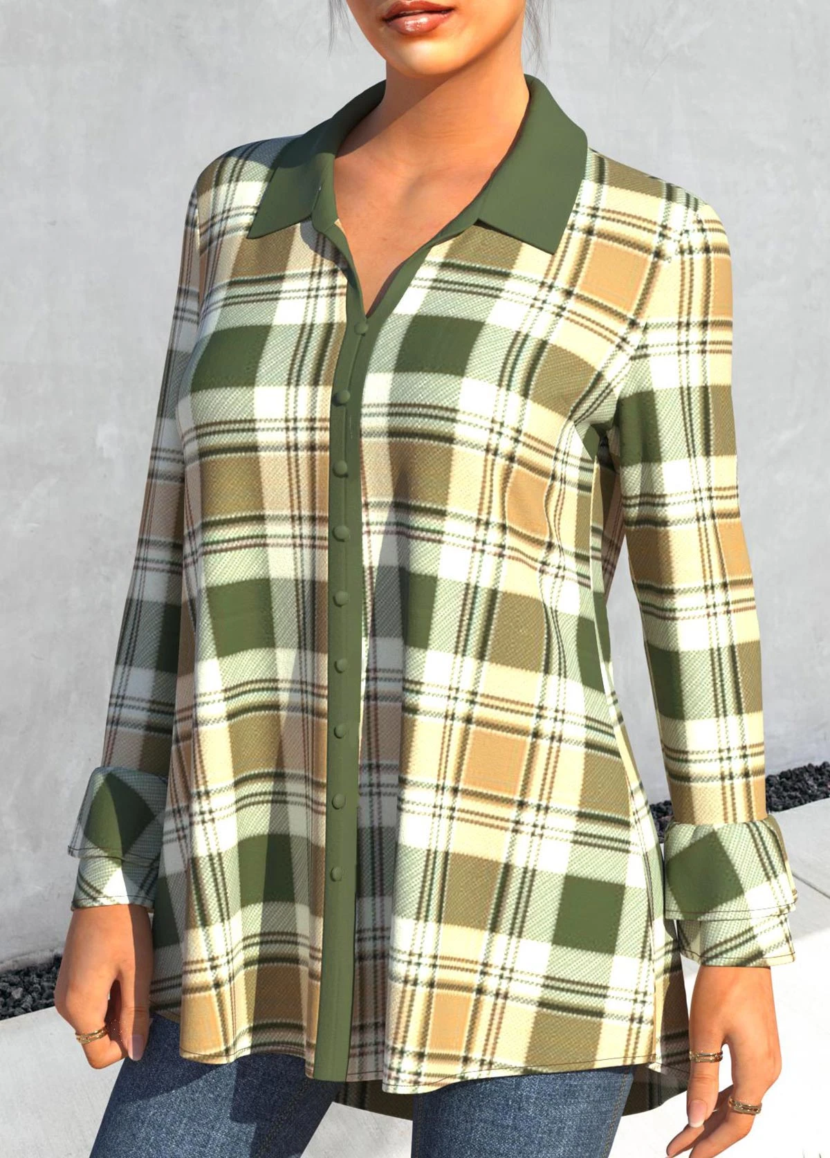 Turndown Collar Green Long Sleeve Plaid Blouse 3 Turndown Collar Green Long Sleeve Plaid Blouse - Image 3