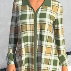 Turndown Collar Green Long Sleeve Plaid Blouse