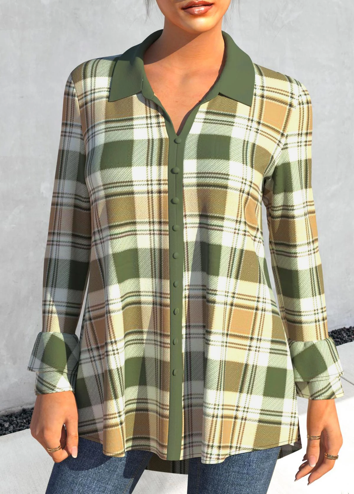 Turndown Collar Green Long Sleeve Plaid Blouse 1 Turndown Collar Green Long Sleeve Plaid Blouse