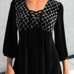 Sequin Black V Neck 3/4 Sleeve Blouse