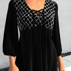 Sequin Black V Neck 3/4 Sleeve Blouse -Rosewe Online Store 311899 P 1661851228735