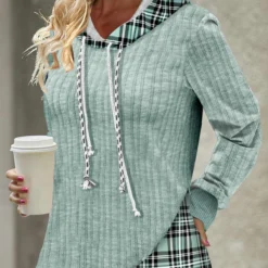 Light Green Plus Size Tartan Print Hoodie
