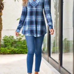 Blue Plus Size Tartan Print Regular Sleeve Blouse -Rosewe Online Store 313515 P 16630403691554
