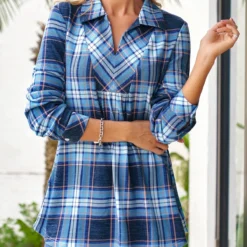 Blue Plus Size Tartan Print Regular Sleeve Blouse