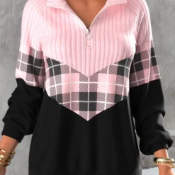 Light Pink Plus Size Tartan Print Sweatshirt