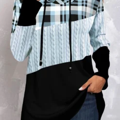 Plus Size Tartan Print Twisted Light Blue Hoodie -Rosewe Online Store 314496 P 1663131524003