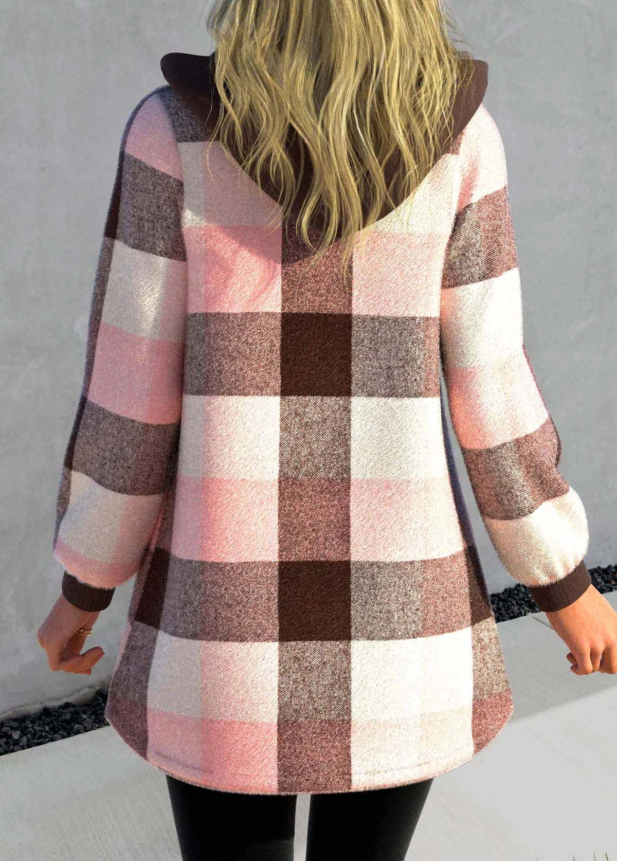 Plus Size Tartan Print Zipper Pink Hooded Long Sleeve Jacket 2 Plus Size Tartan Print Zipper Pink Hooded Long Sleeve Jacket - Image 2