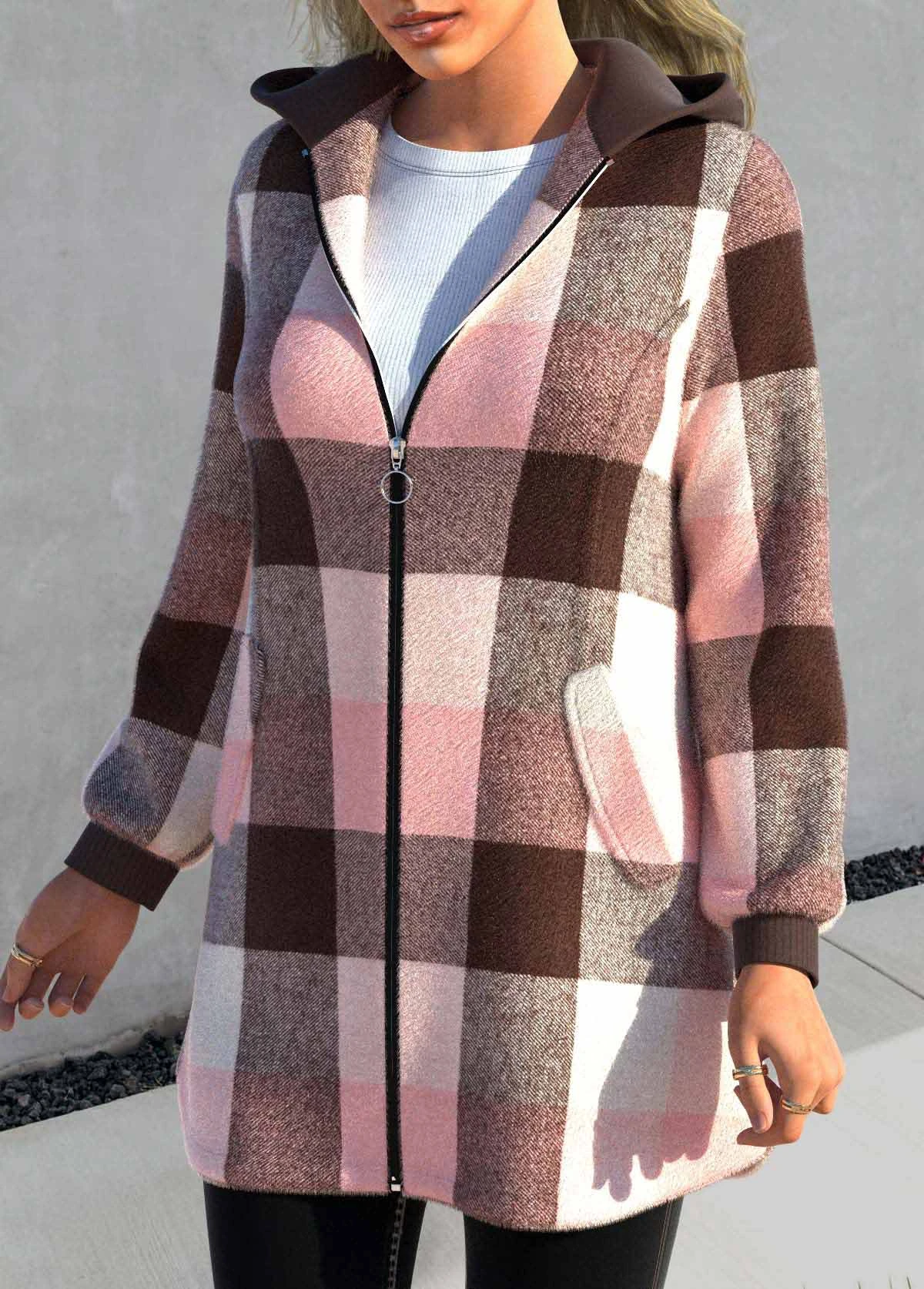 Plus Size Tartan Print Zipper Pink Hooded Long Sleeve Jacket 3 Plus Size Tartan Print Zipper Pink Hooded Long Sleeve Jacket - Image 3