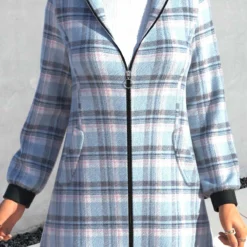Plus Size Plaid Zipper Light Blue Hooded Long Sleeve Jacket -Rosewe Online Store 315659 P 1665999528873