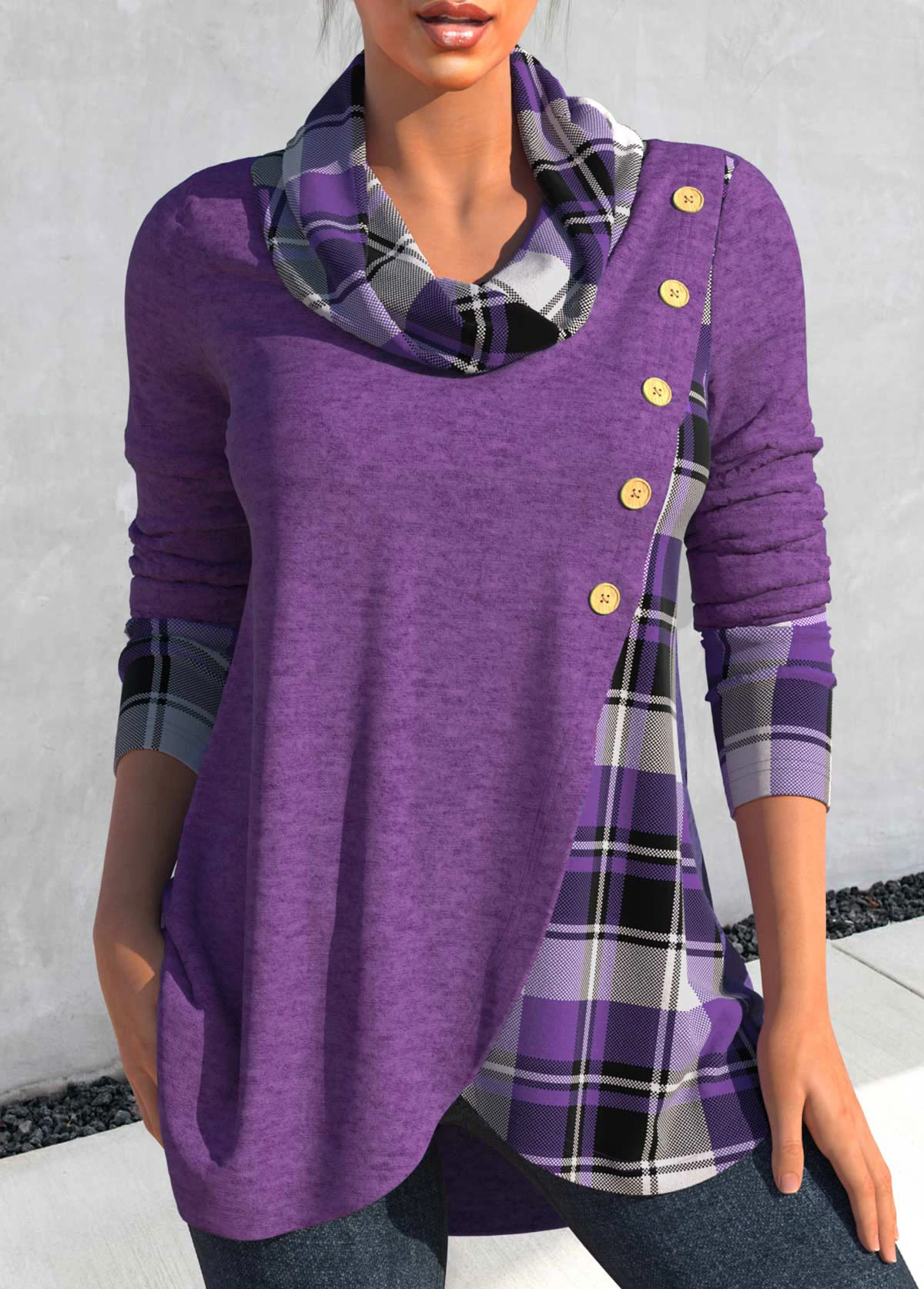 Plus Size Tartan Print Cross Hem Dusty Purple Sweatshirt 1 Plus Size Tartan Print Cross Hem Dusty Purple Sweatshirt