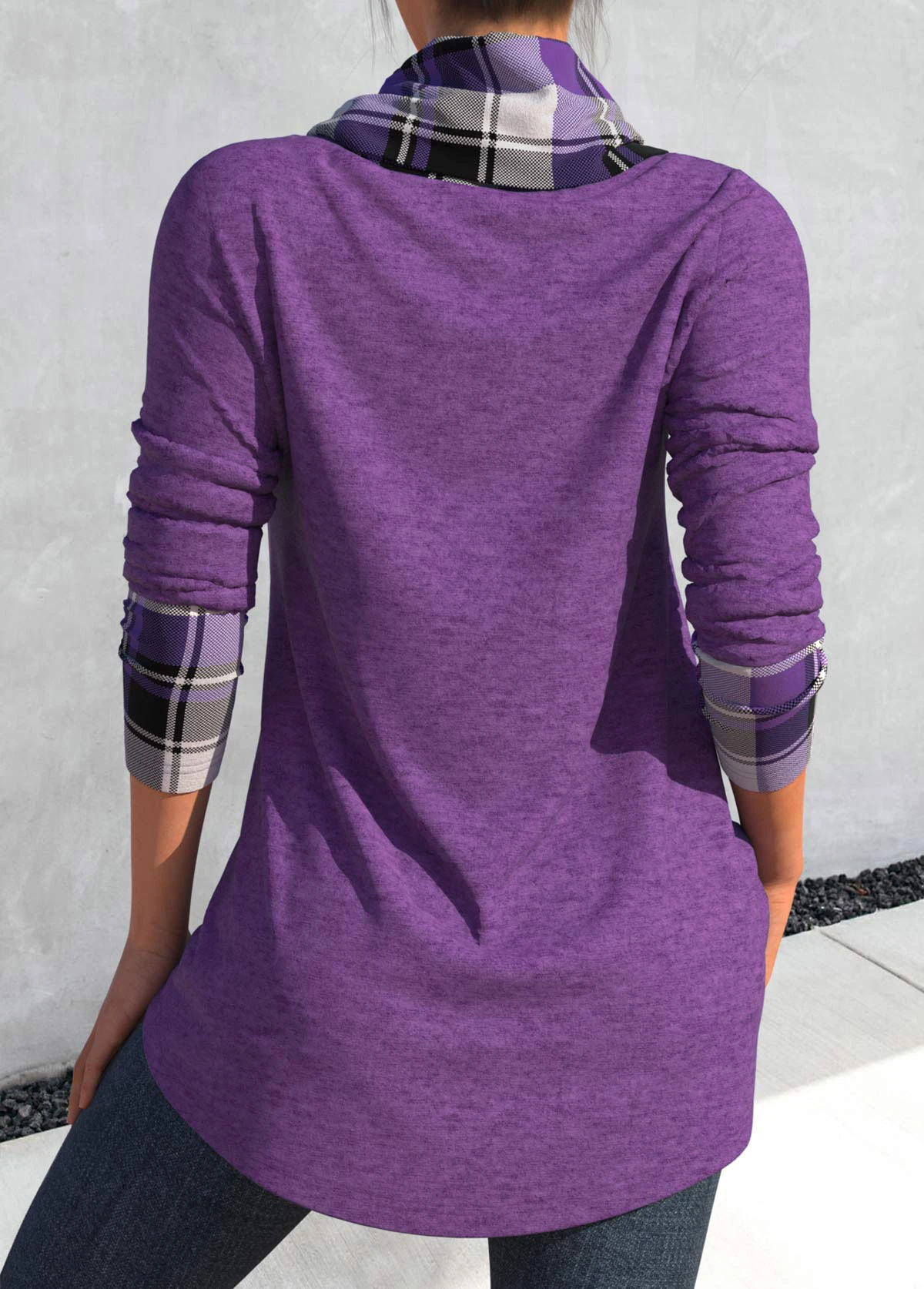 Plus Size Tartan Print Cross Hem Dusty Purple Sweatshirt 2 Plus Size Tartan Print Cross Hem Dusty Purple Sweatshirt - Image 2
