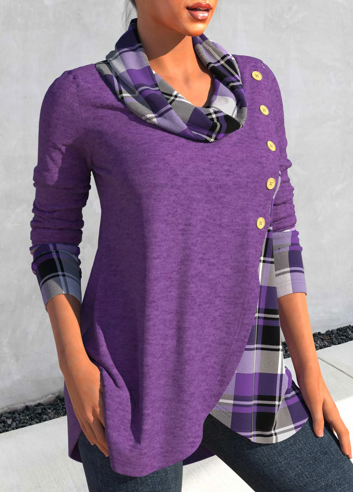 Plus Size Tartan Print Cross Hem Dusty Purple Sweatshirt 3 Plus Size Tartan Print Cross Hem Dusty Purple Sweatshirt - Image 3