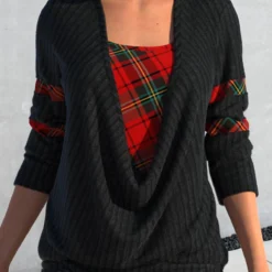 Plus Size Tie Side Plaid Black Faux Two Piece Sweatshirt