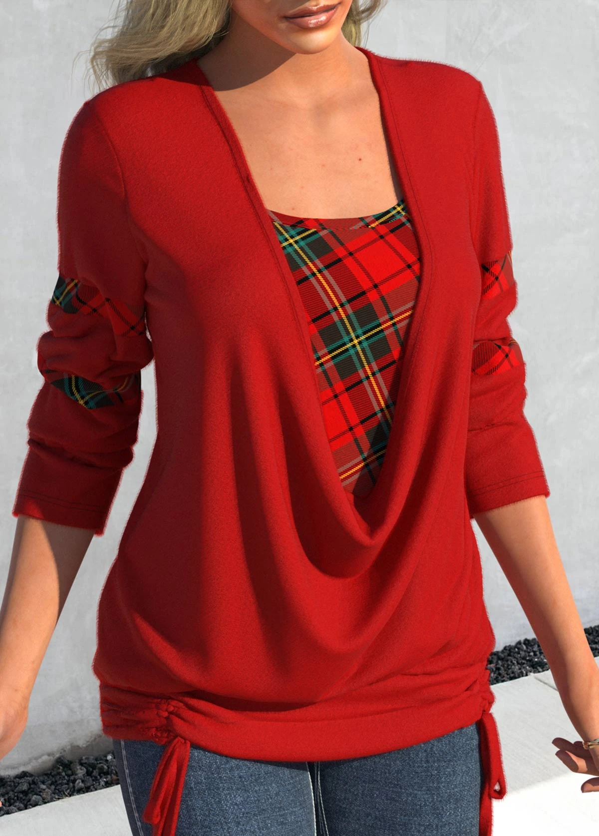 Plus Size Plaid Drawstring Red Square Neck Long Sleeve Sweatshirt 3 Plus Size Plaid Drawstring Red Square Neck Long Sleeve Sweatshirt - Image 3